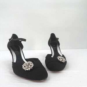 Lulu Guinness London Blk Satin Decorative Brooch Ankle Strap Heels EU 37 US 6.5